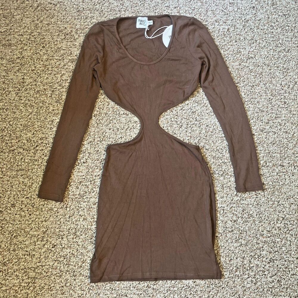 NWT Princess Polly Women Bodycon Drake Mini Dress Size XS-S Brown Cut Out Ribbed